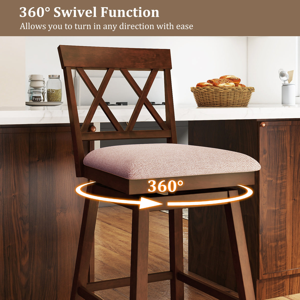 29 Inch Counter Height Barstools with Backrest and Upholstered Seat Cushion for Kitchen Dining Room-Oak