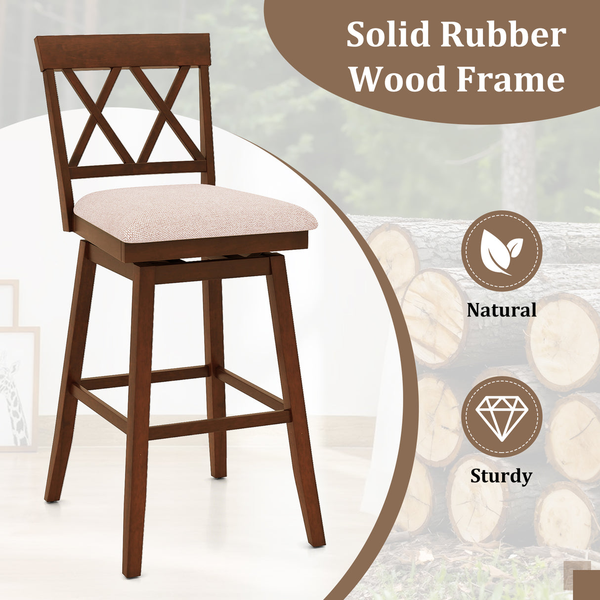 29 Inch Counter Height Barstools with Backrest and Upholstered Seat Cushion for Kitchen Dining Room-Oak