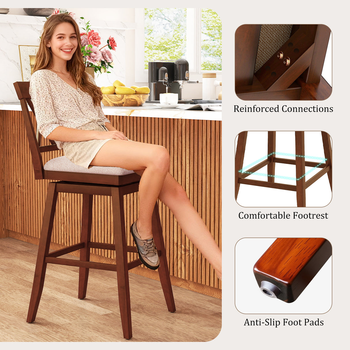 29 Inch Counter Height Barstools with Backrest and Upholstered Seat Cushion for Kitchen Dining Room-Oak