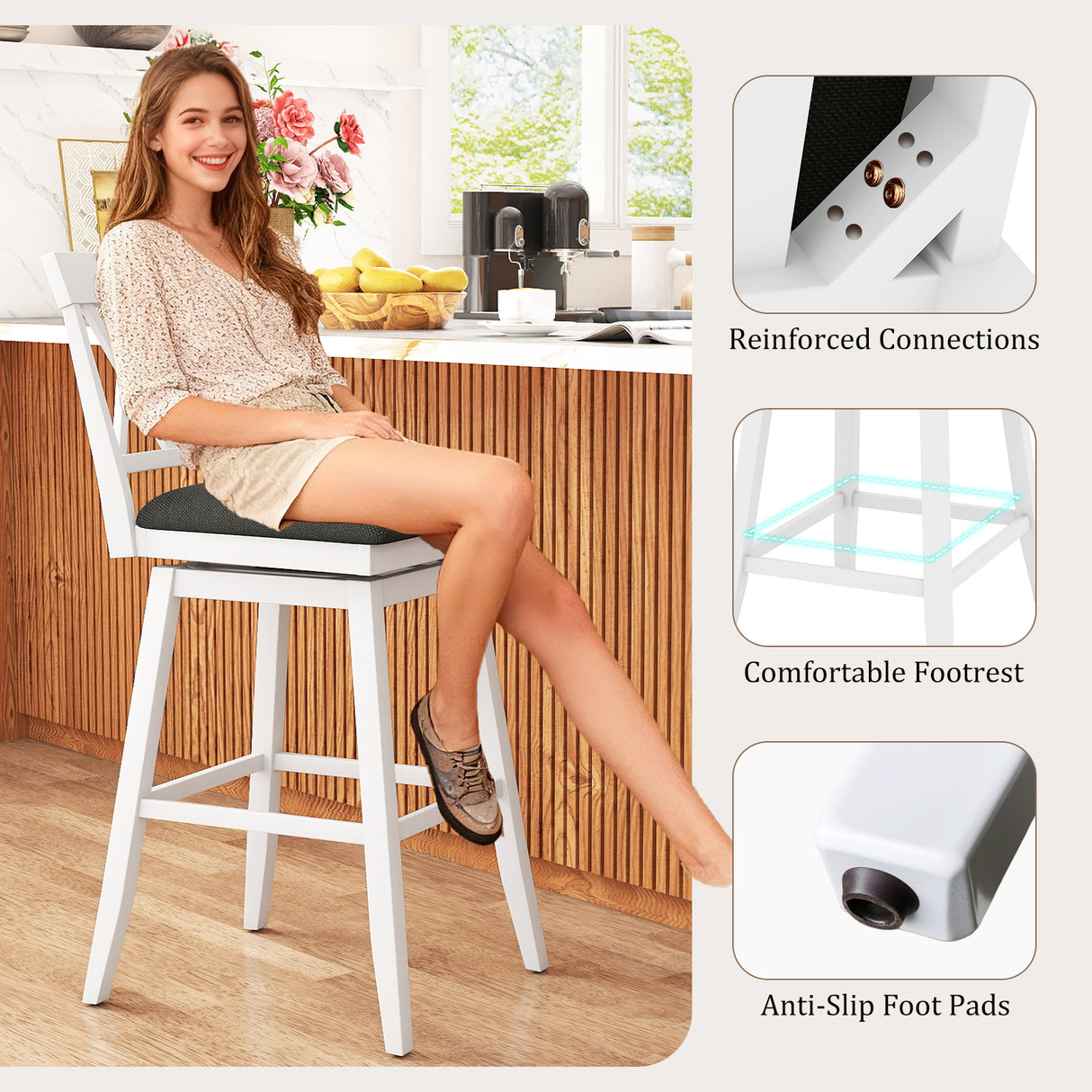29 Inch Counter Height Barstools with Backrest and Upholstered Seat Cushion for Kitchen Dining Room-White