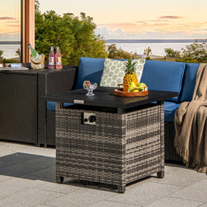 29 Inch Propane Rattan Firepit Table with Lava Rocks and Protective Cover-Gray