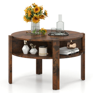 29.5 Inch Round Coffee Table with Storage Shelves for Small Space-Rustic Brown