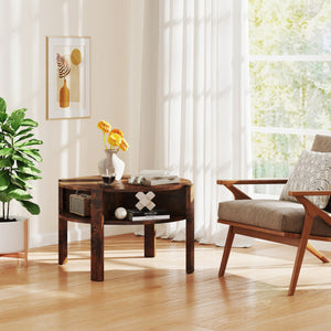 29.5 Inch Round Coffee Table with Storage Shelves for Small Space-Rustic Brown