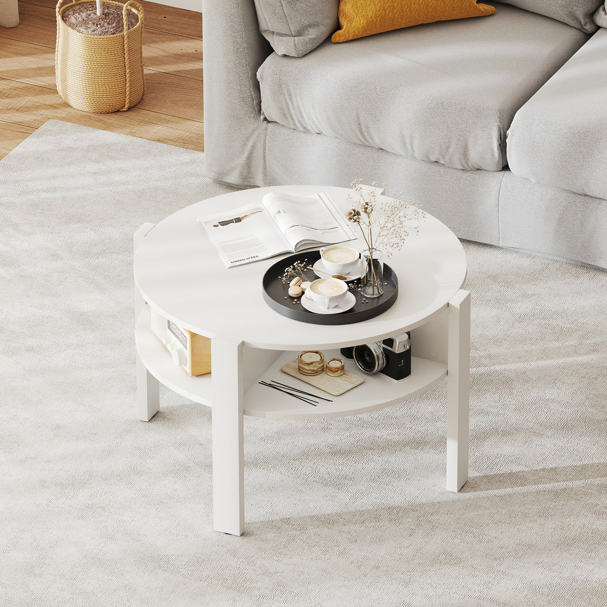 29.5 Inch Round Coffee Table with Storage Shelves for Small Space-White