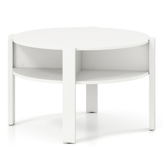 29.5 Inch Round Coffee Table with Storage Shelves for Small Space-White