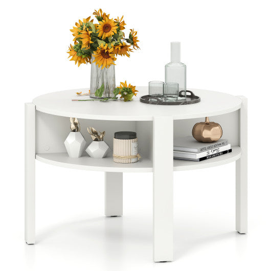 29.5 Inch Round Coffee Table with Storage Shelves for Small Space-White