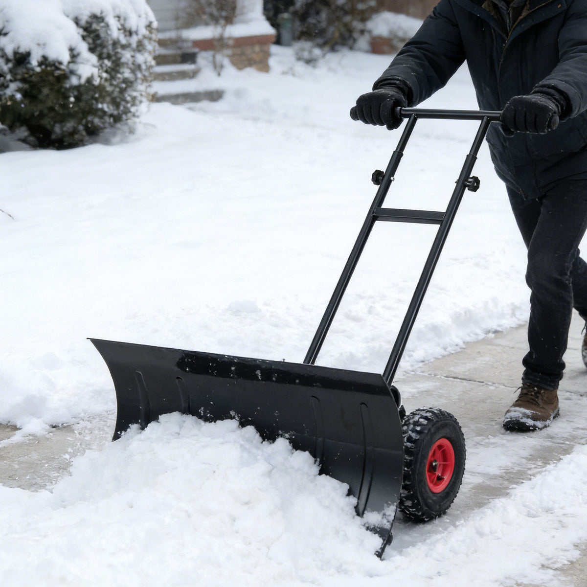 29 Inch Snow Pusher Heavy Duty Metal Shovel with Wheels and Adjustable Handle-Black