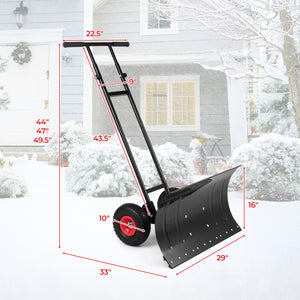 29 Inch Snow Pusher Heavy Duty Metal Shovel with Wheels and Adjustable Handle-Black