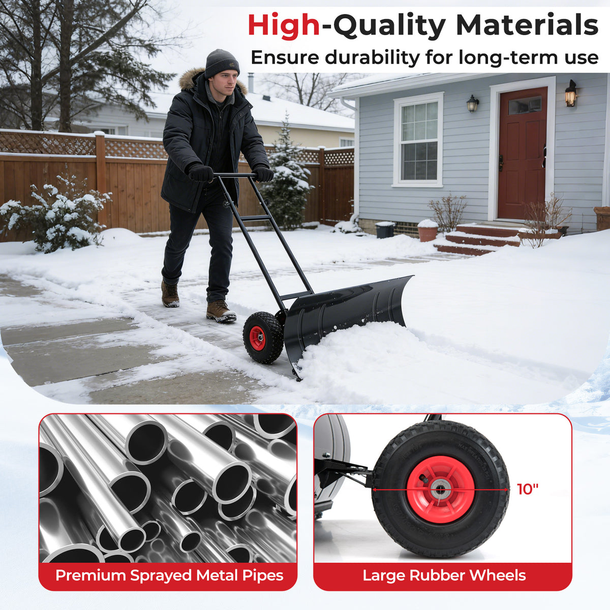 29 Inch Snow Pusher Heavy Duty Metal Shovel with Wheels and Adjustable Handle-Black