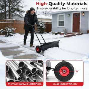 29 Inch Snow Pusher Heavy Duty Metal Shovel with Wheels and Adjustable Handle-Black