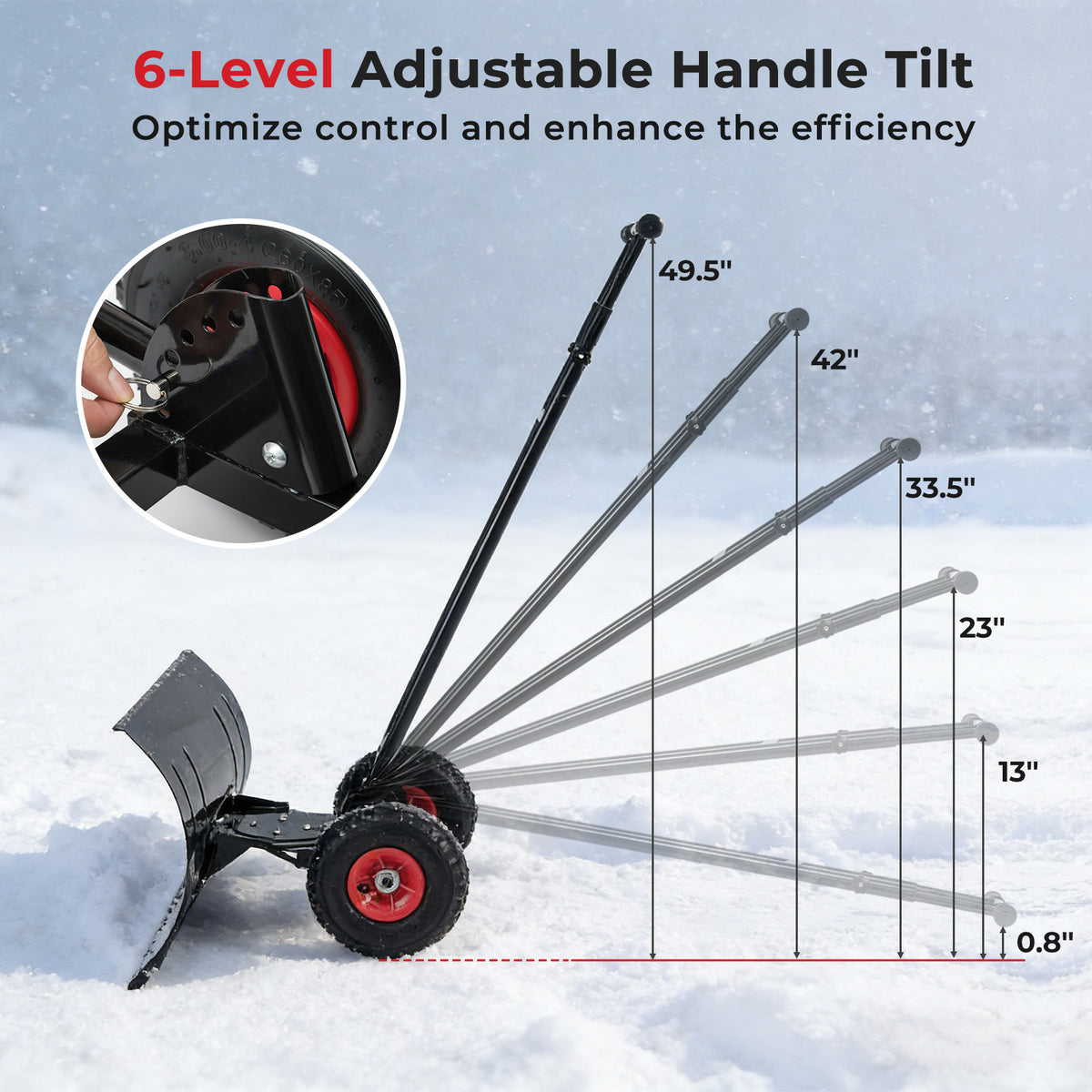 29 Inch Snow Pusher Heavy Duty Metal Shovel with Wheels and Adjustable Handle-Black