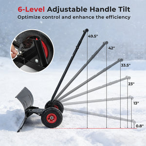 29 Inch Snow Pusher Heavy Duty Metal Shovel with Wheels and Adjustable Handle-Black