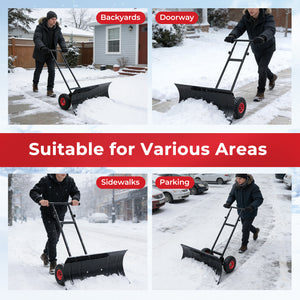 29 Inch Snow Pusher Heavy Duty Metal Shovel with Wheels and Adjustable Handle-Black