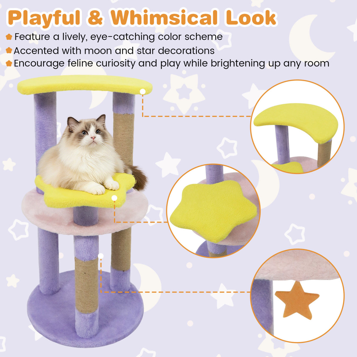 29 Inches Cute Modern Cat Tree with Star and Moon Shaped Platforms-Purple