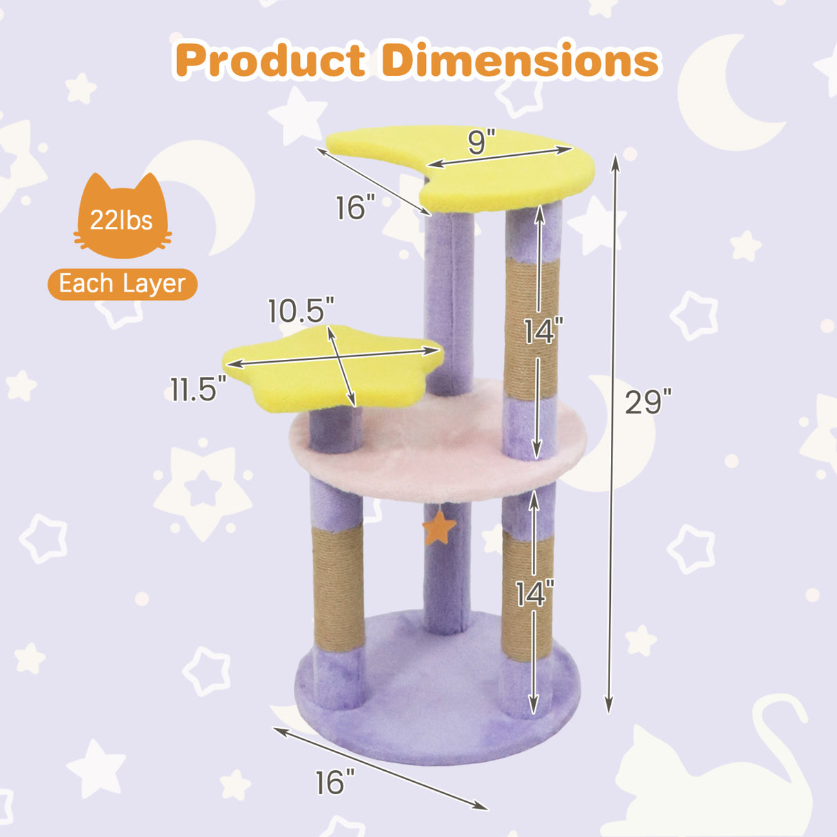 29 Inches Cute Modern Cat Tree with Star and Moon Shaped Platforms-Purple