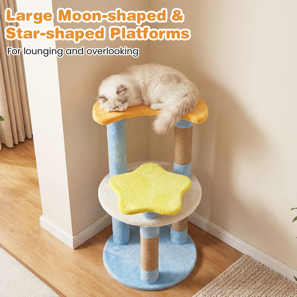 29 Inches Cute Modern Cat Tree with Star and Moon Shaped Platforms-Blue