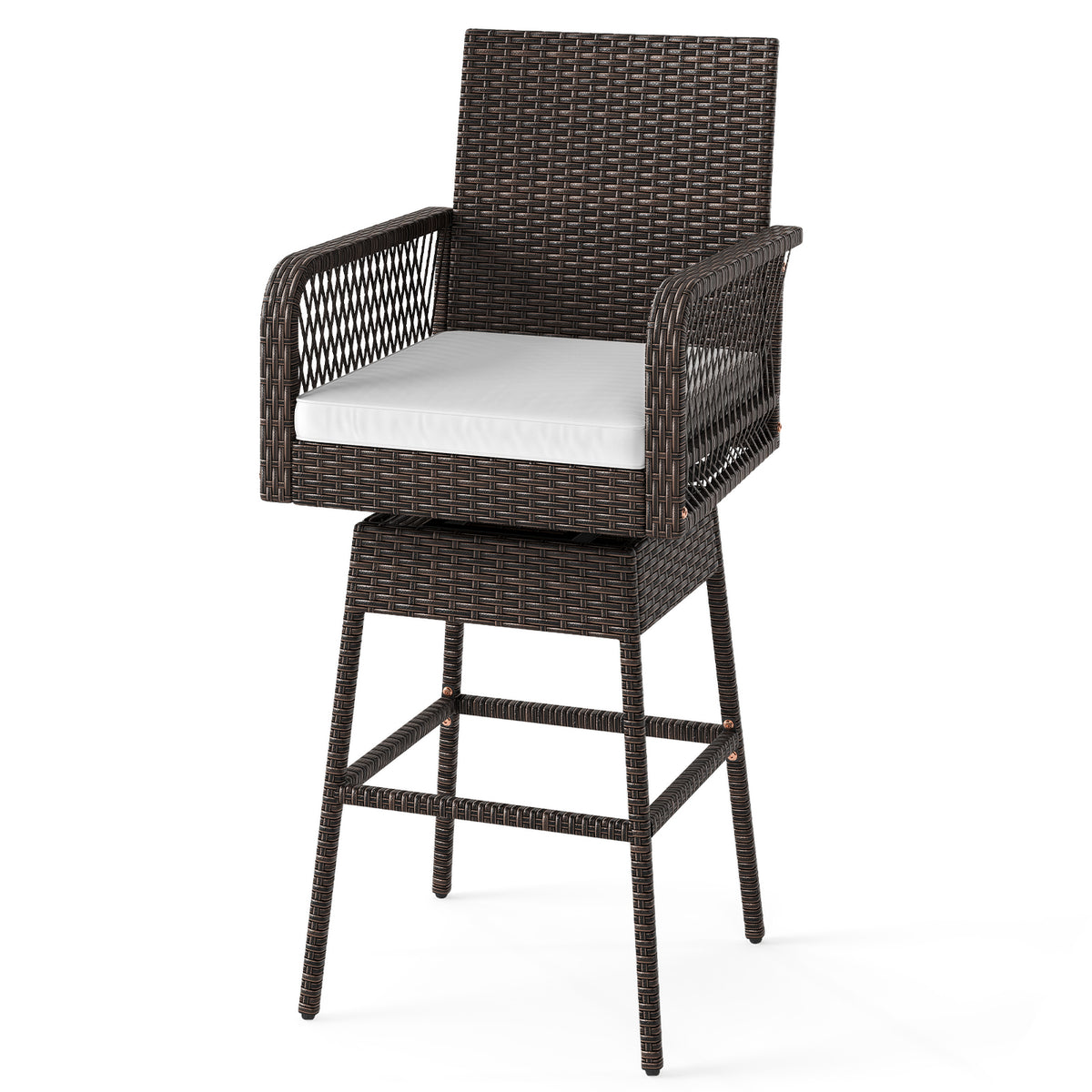 29 Inches Patio 360Â° Swivel Bar Stool with Cross-Woven Armrests and Seat Cushion-White
