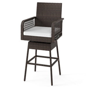 29 Inches Patio 360Â° Swivel Bar Stool with Cross-Woven Armrests and Seat Cushion-White