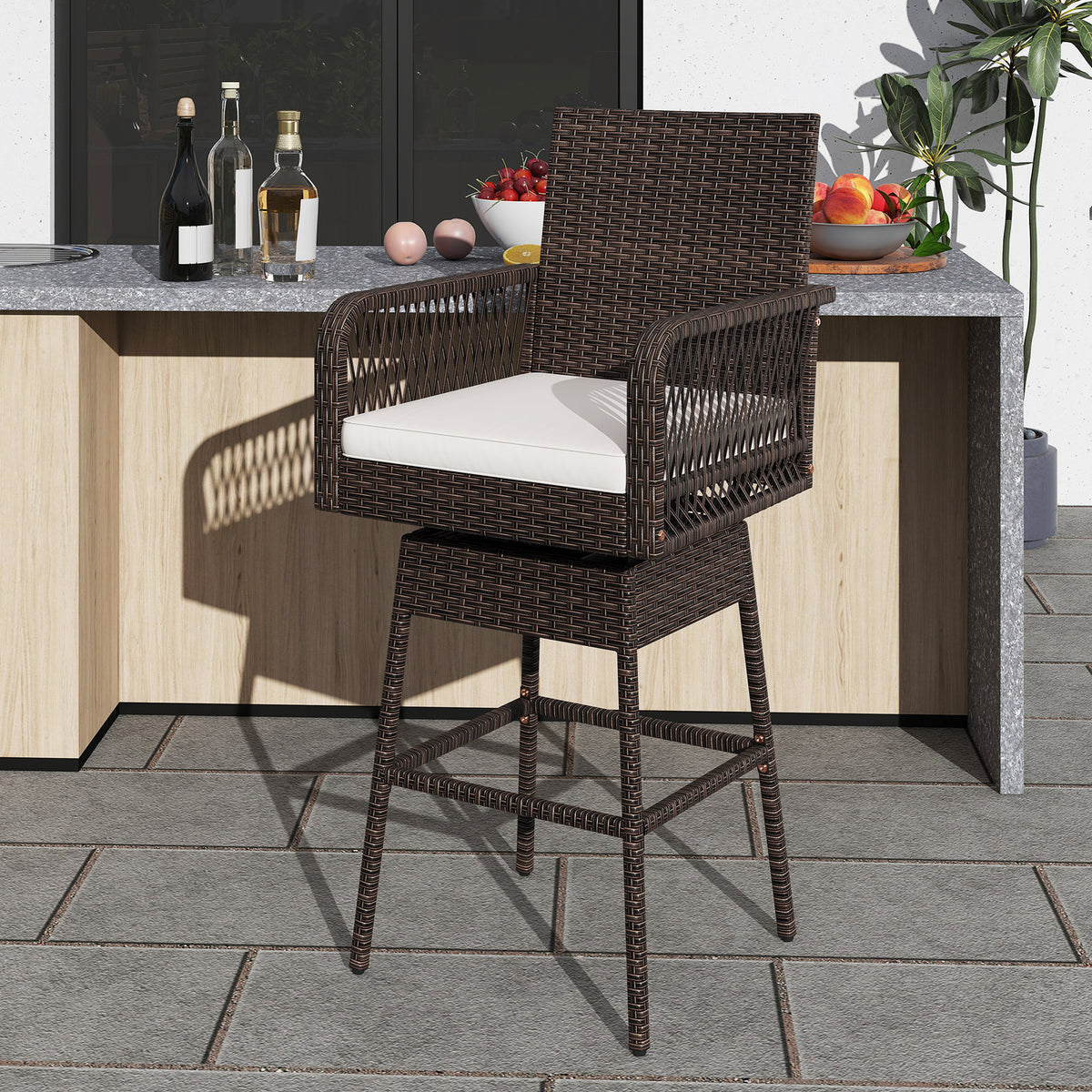 29 Inches Patio 360Â° Swivel Bar Stool with Cross-Woven Armrests and Seat Cushion-White