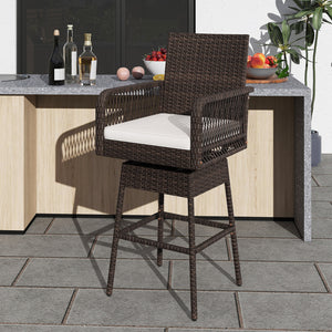 29 Inches Patio 360Â° Swivel Bar Stool with Cross-Woven Armrests and Seat Cushion-White
