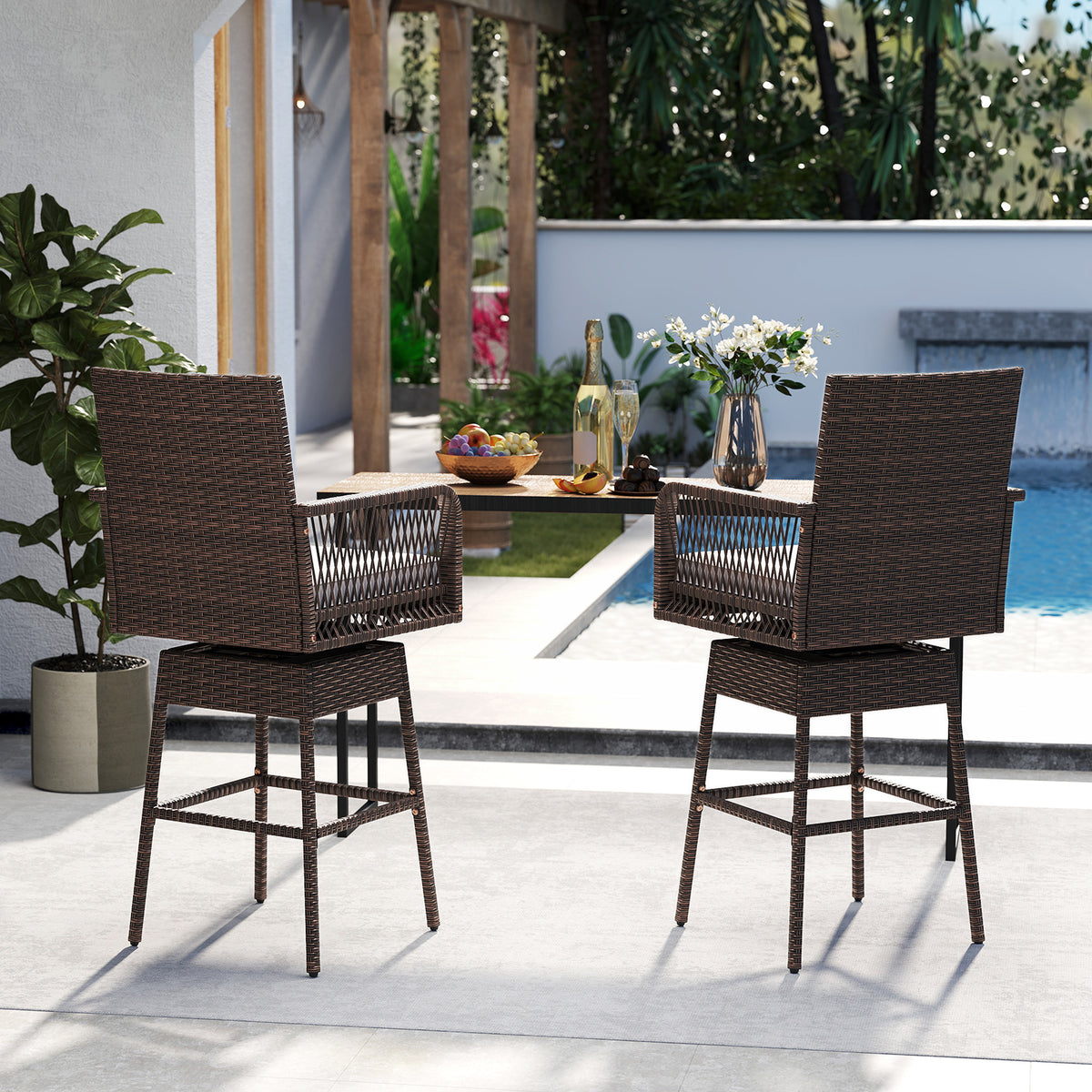 29 Inches Patio 360Â° Swivel Bar Stool with Cross-Woven Armrests and Seat Cushion-White