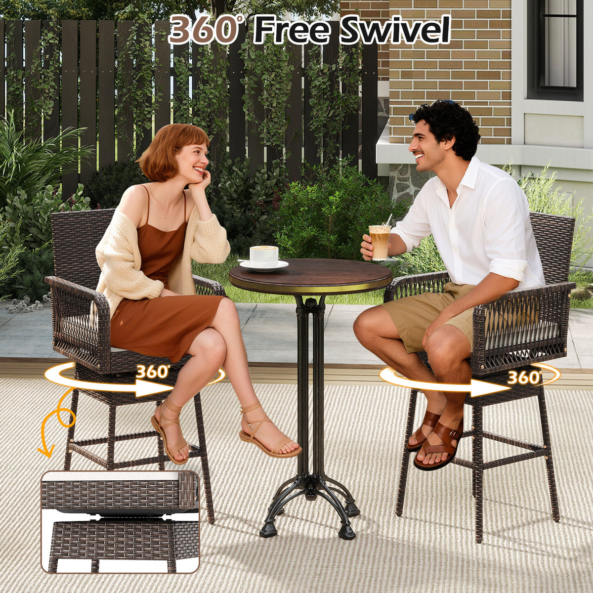 29 Inches Patio 360Â° Swivel Bar Stool with Cross-Woven Armrests and Seat Cushion-White