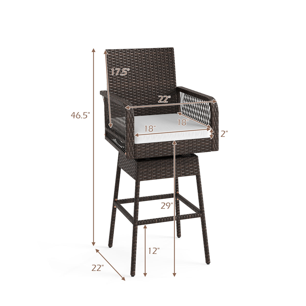 29 Inches Patio 360Â° Swivel Bar Stool with Cross-Woven Armrests and Seat Cushion-White