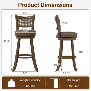 29 Inches Swivel Counter Height Barstool Set of 2 with Rattan Backrest and Footrest-Brown