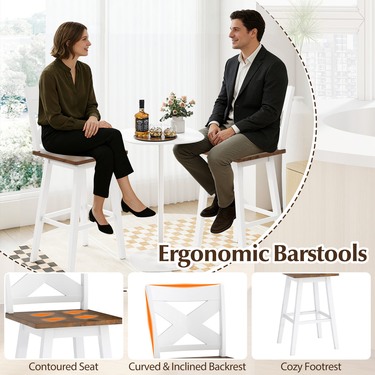 29" Rubberwood Swivel Barstools Set of 4 with Backrest and Large Seat-White