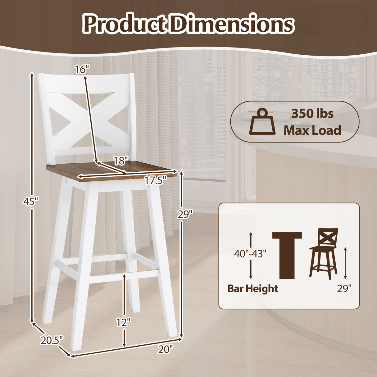 29" Rubberwood Swivel Barstools Set of 2 with Backrest and Large Seat-White
