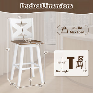 29" Rubberwood Swivel Barstools Set of 2 with Backrest and Large Seat-White