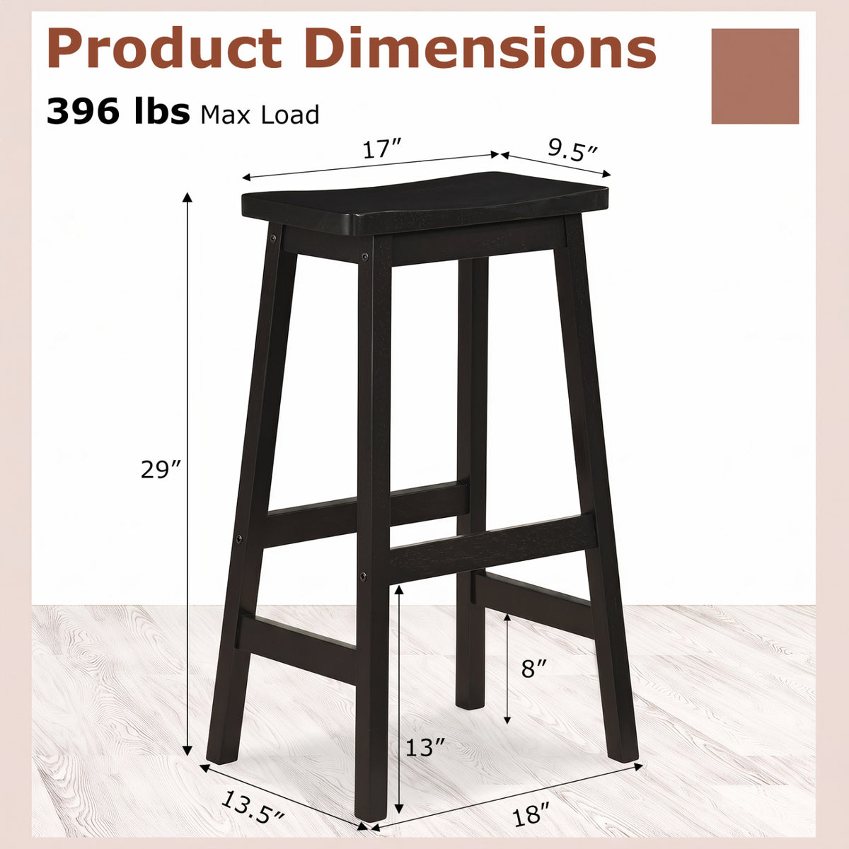 29" Set of 2 Saddle-Seat Counter Height Stools with Curved Seat and Footrests-Black