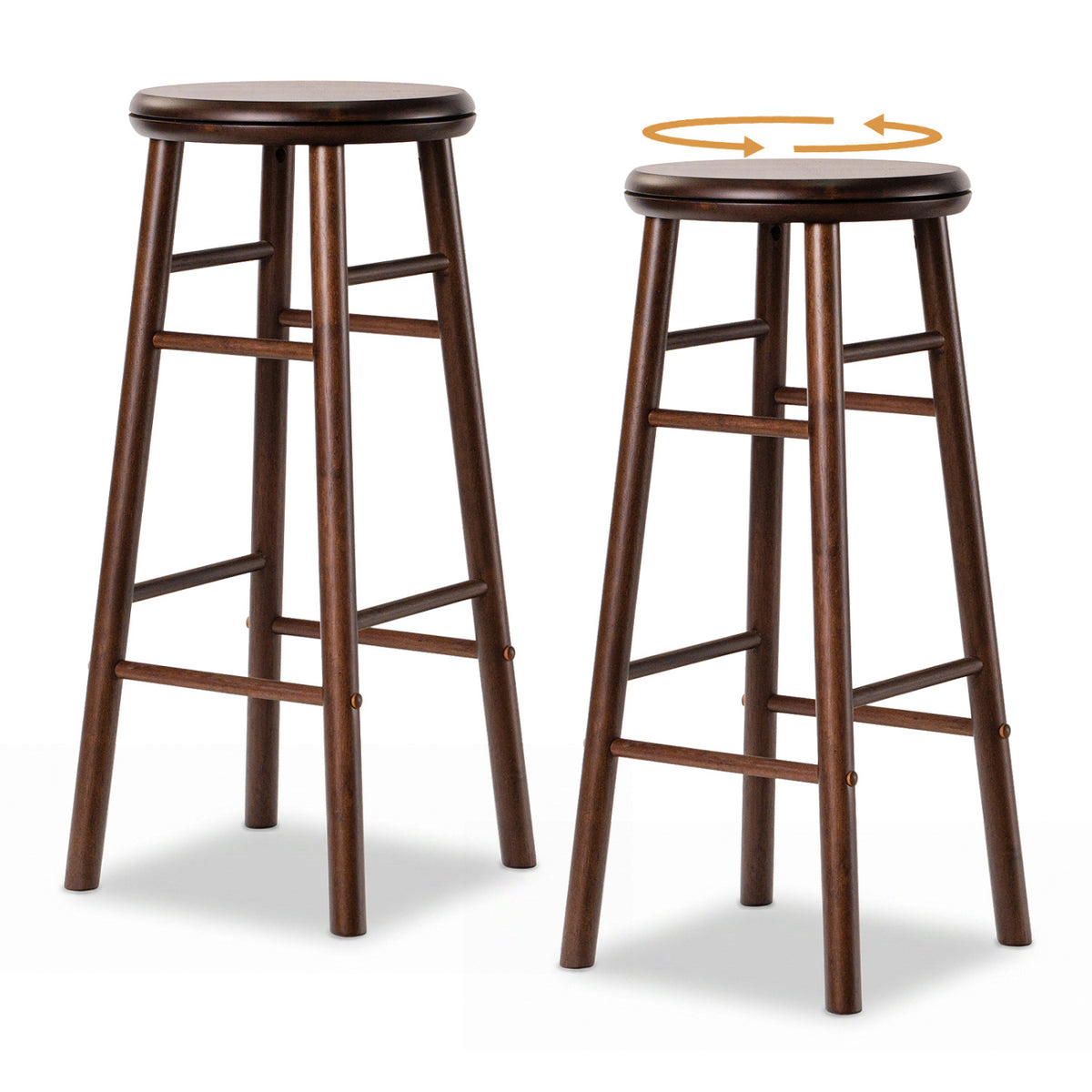 29" Swivel Bar Stools Set of 2 with Footrests & Crossbars-Walnut