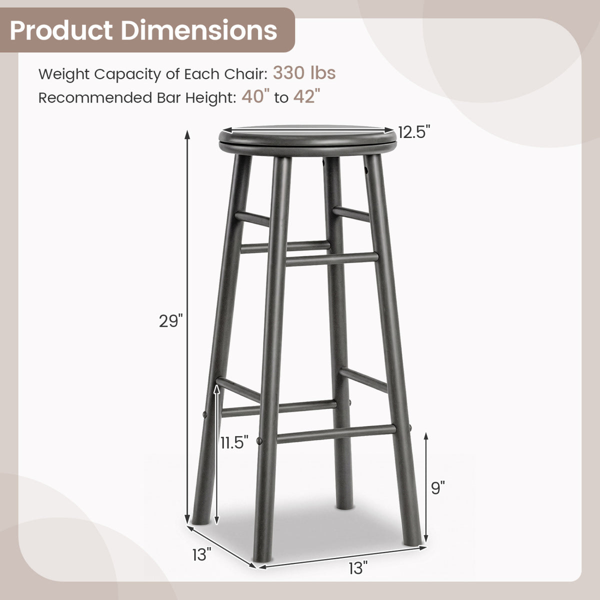 29" Swivel Bar Stools Set of 2 with Footrests & Crossbars-Gray