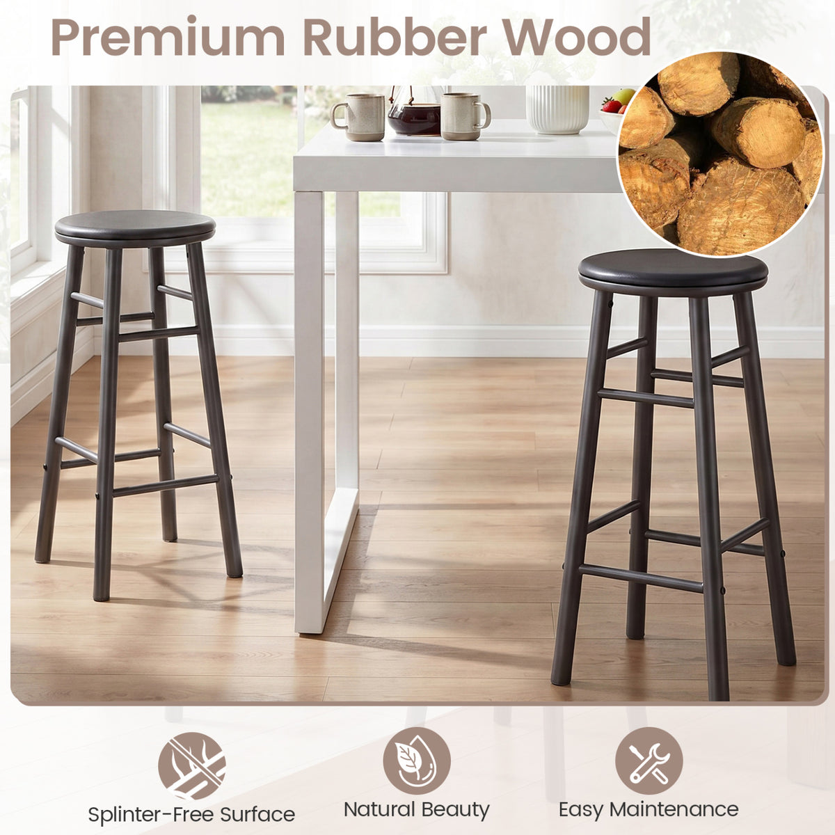 29" Swivel Bar Stools Set of 2 with Footrests & Crossbars-Gray