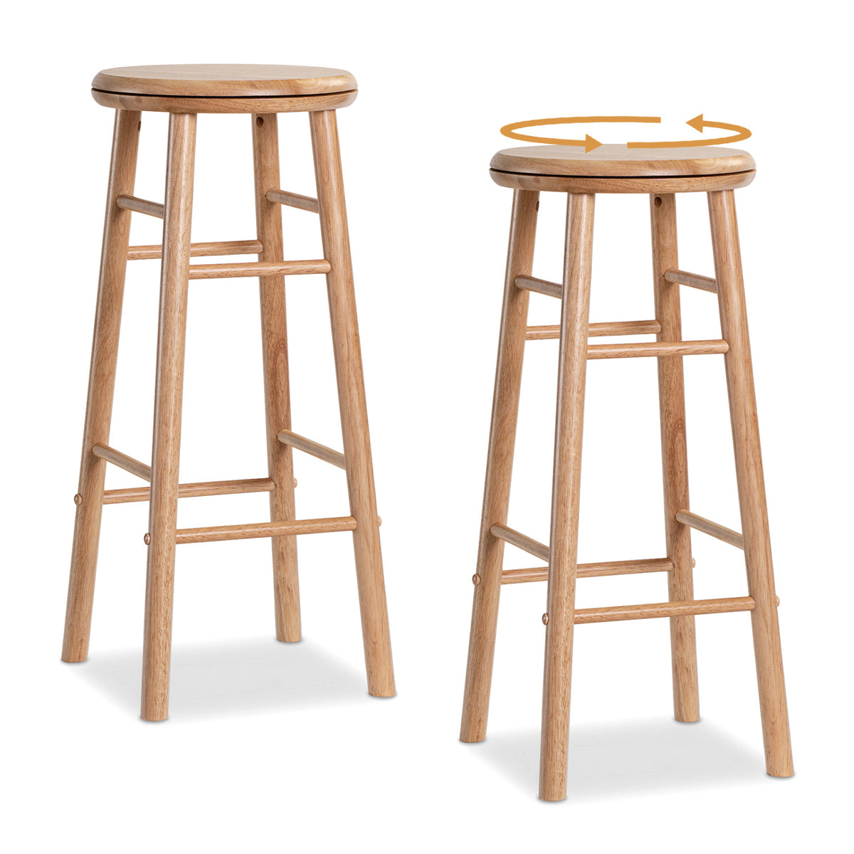 29" Swivel Bar Stools Set of 2 with Footrests & Crossbars-Natural