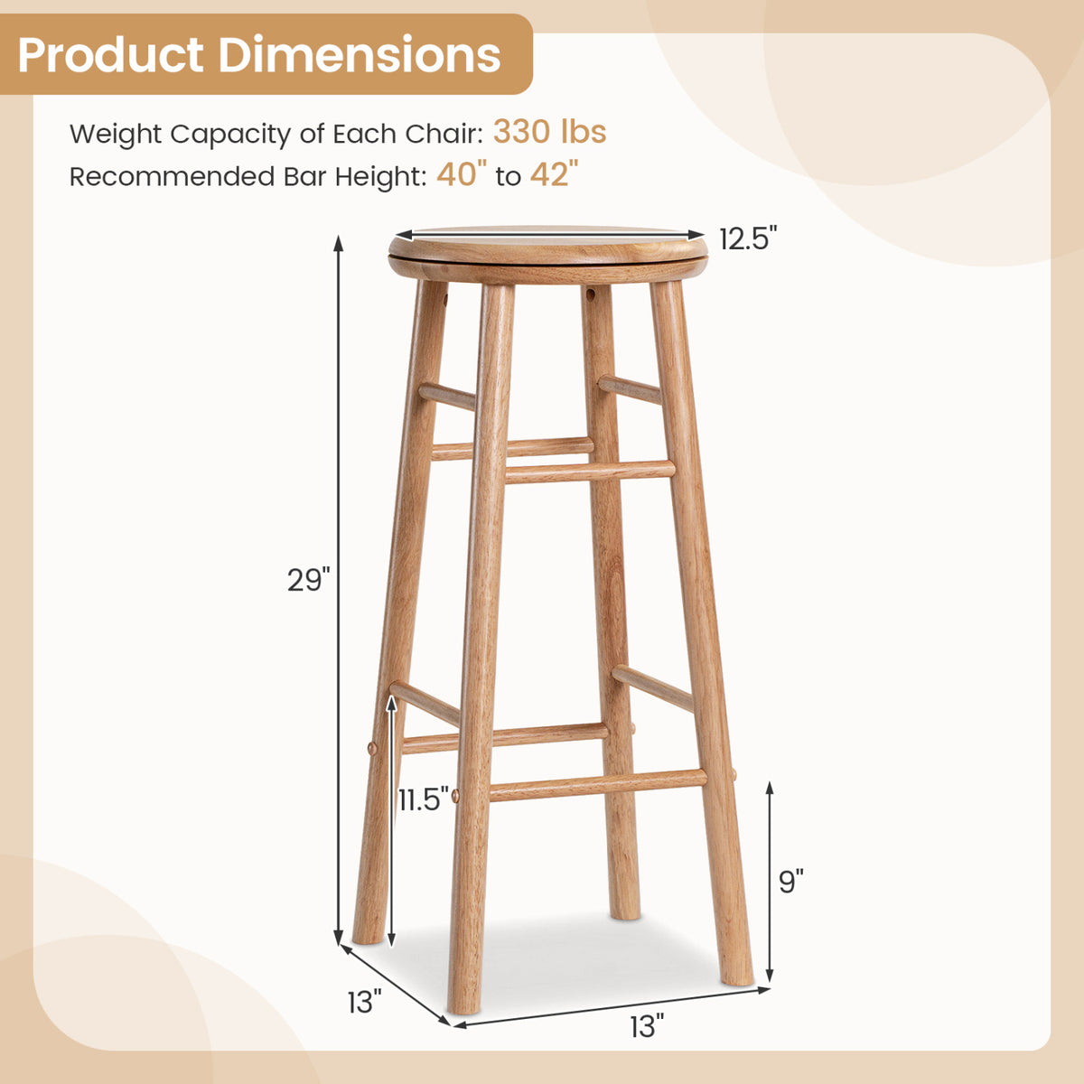29" Swivel Bar Stools Set of 2 with Footrests & Crossbars-Natural