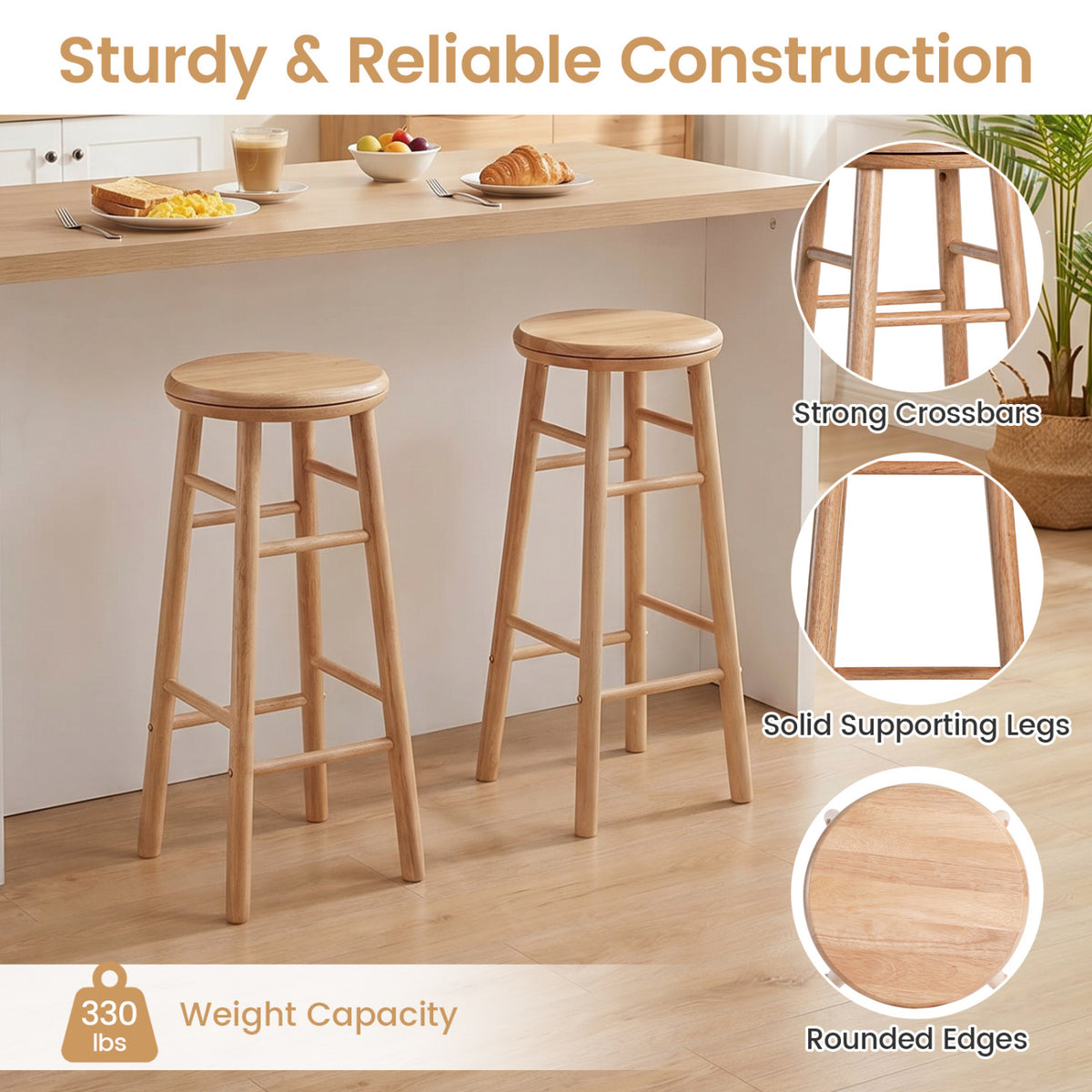 29" Swivel Bar Stools Set of 2 with Footrests & Crossbars-Natural
