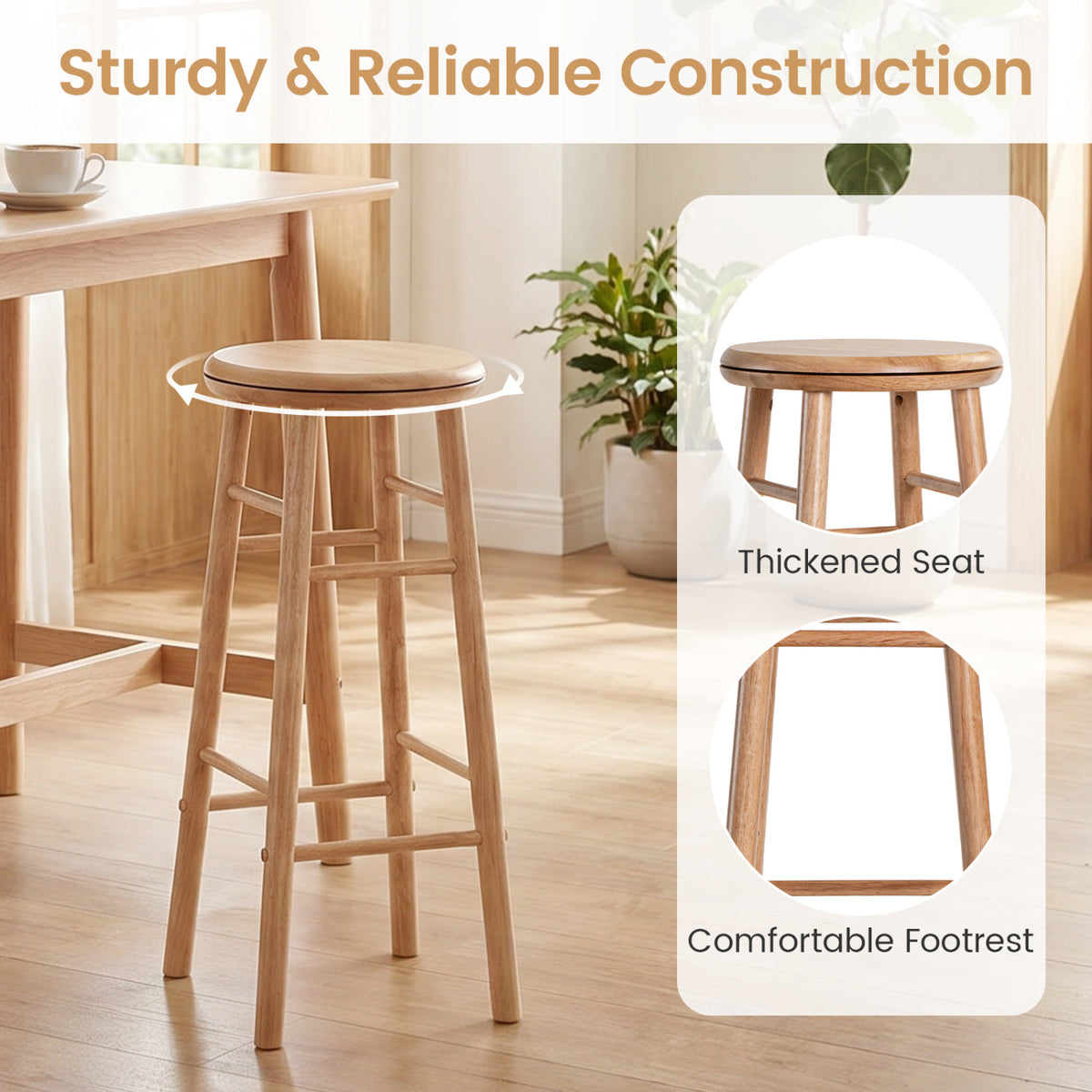 29" Swivel Bar Stools Set of 2 with Footrests & Crossbars-Natural