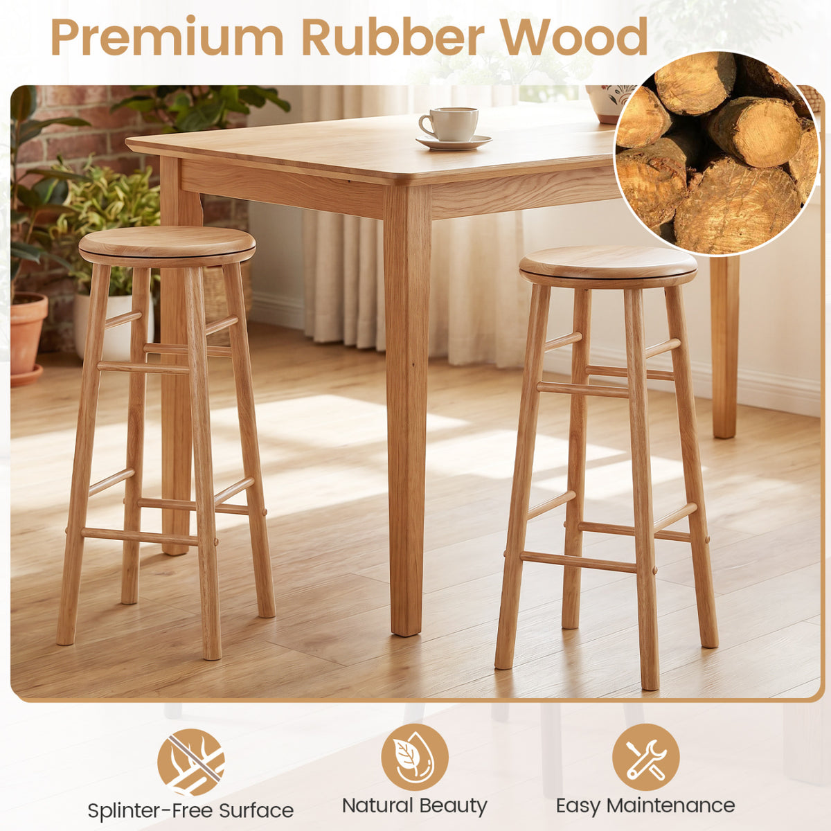 29" Swivel Bar Stools Set of 2 with Footrests & Crossbars-Natural