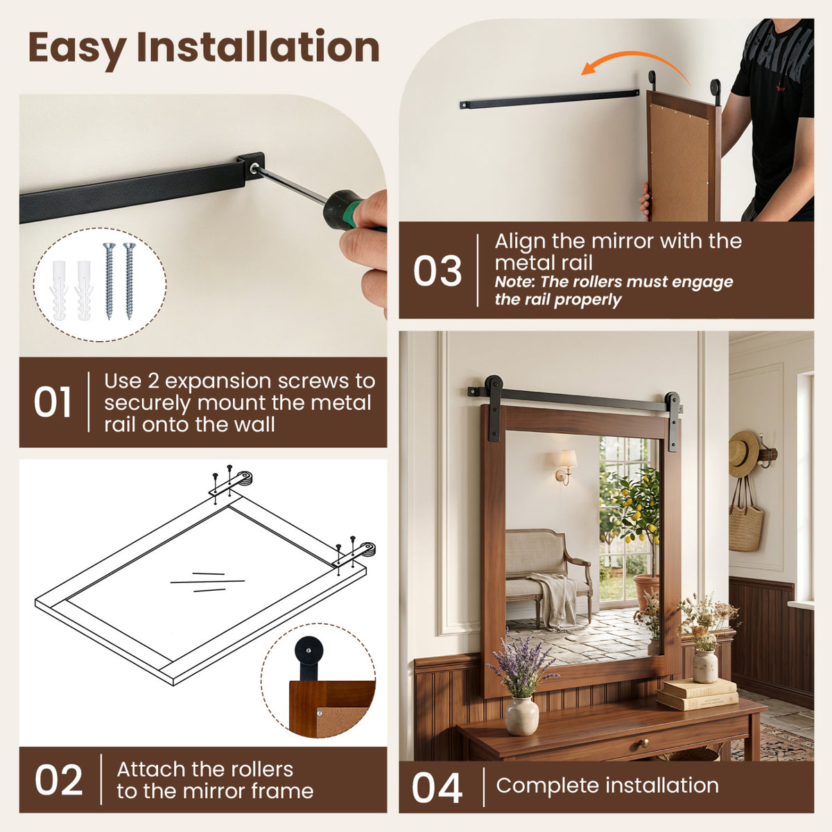 29" x 23" Rectangle Farmhouse Wall Mirror with Metal Bracket for Bathroom-Rustic Brown