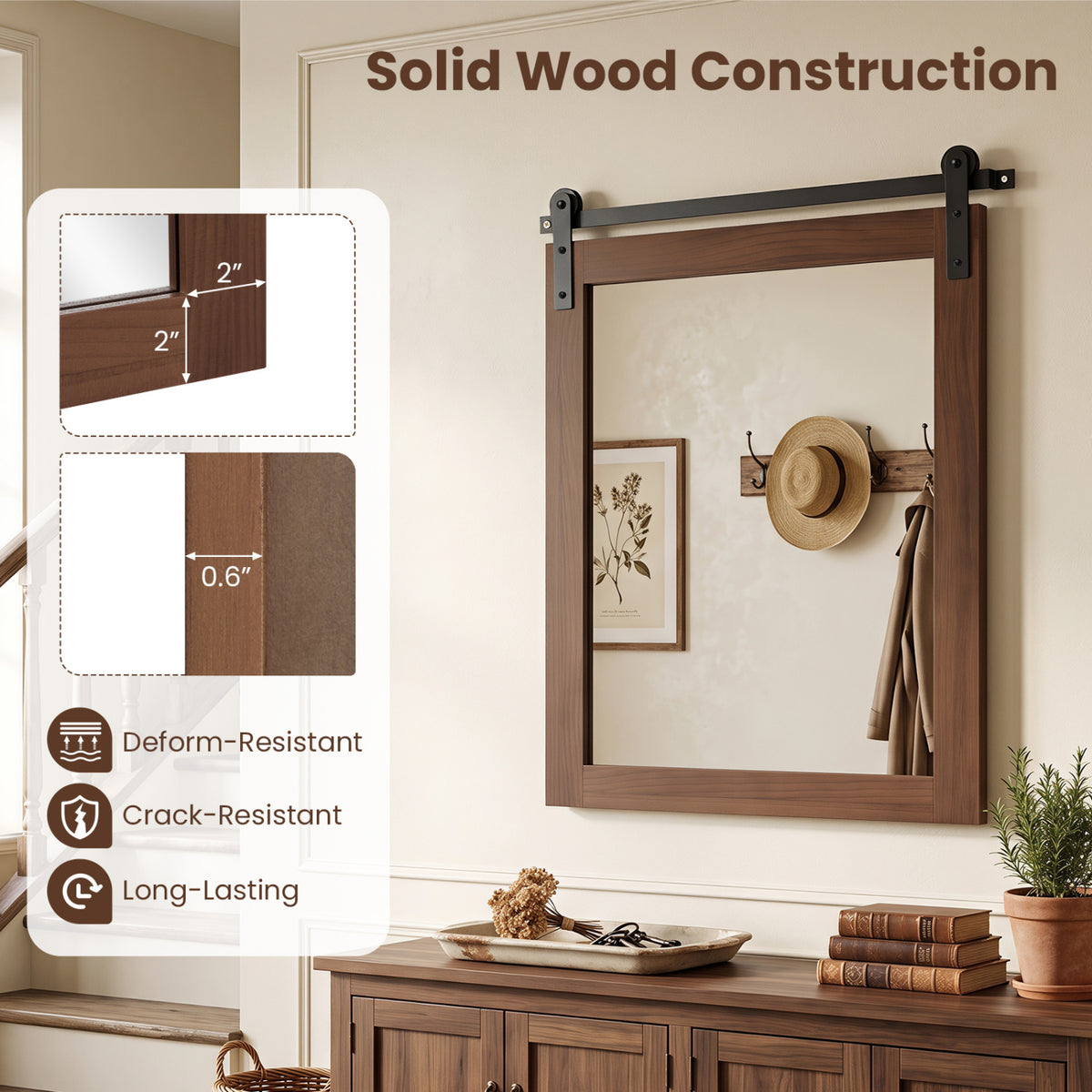 29" x 23" Rectangle Farmhouse Wall Mirror with Metal Bracket for Bathroom-Rustic Brown