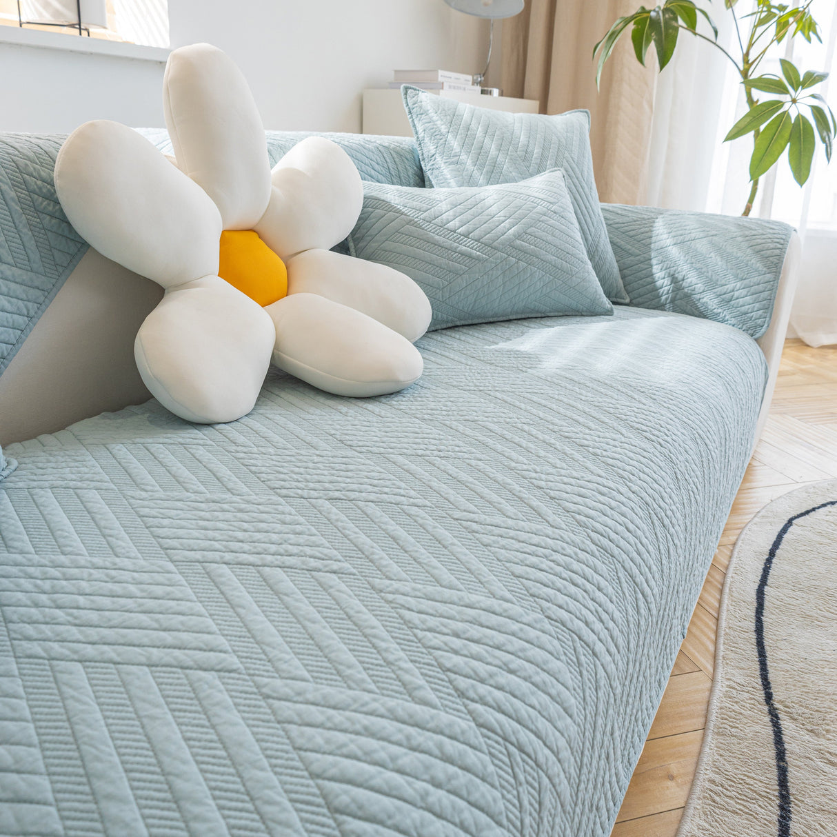 Quilted Geometric Cotton Sofa Cover, Non-Slip & Thick Padded Furniture Covers
