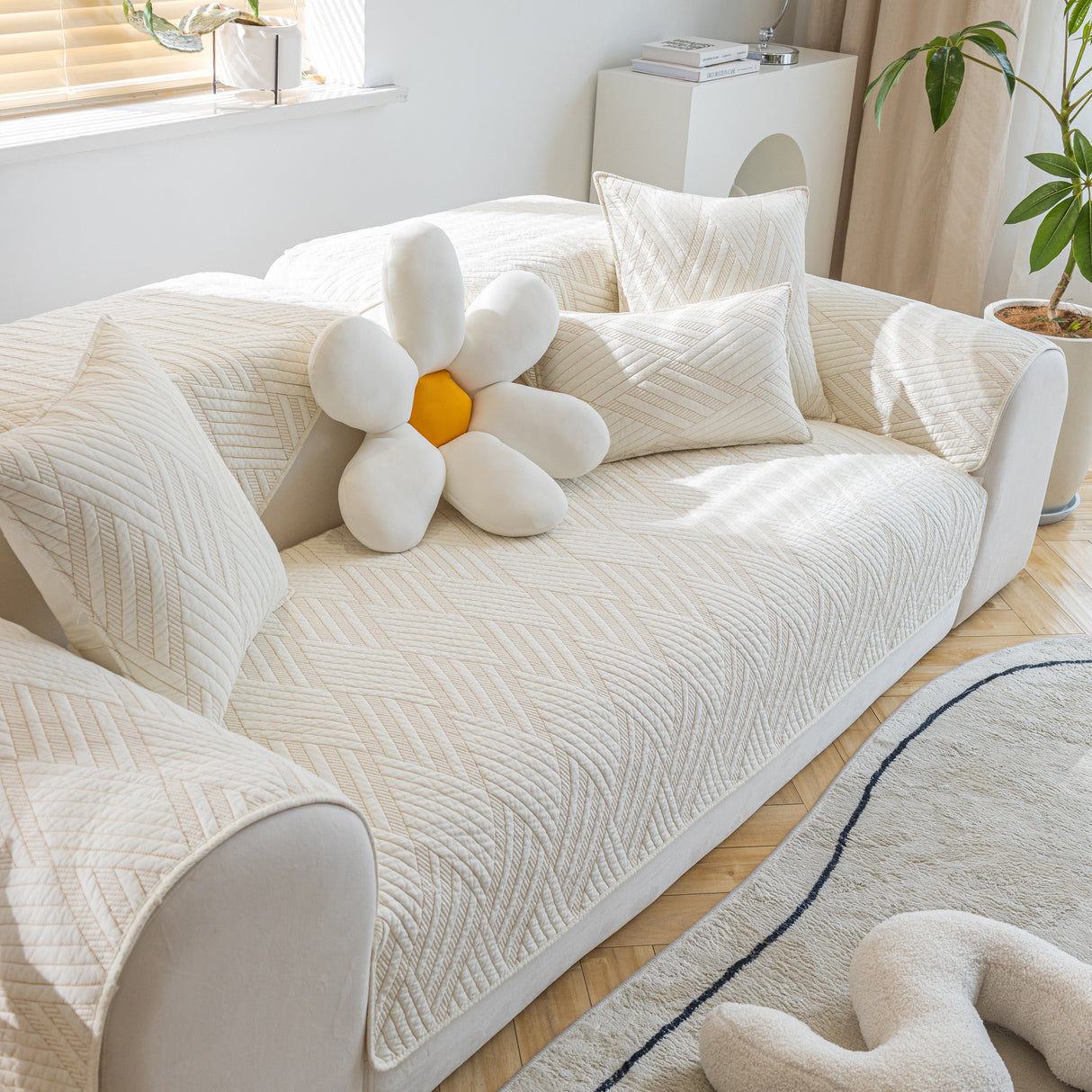 Quilted Geometric Cotton Sofa Cover, Non-Slip & Thick Padded Furniture Covers