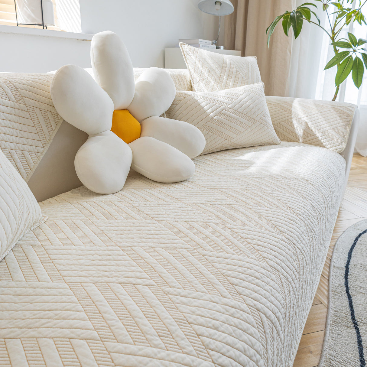 Quilted Geometric Cotton Sofa Cover, Non-Slip & Thick Padded Furniture Covers