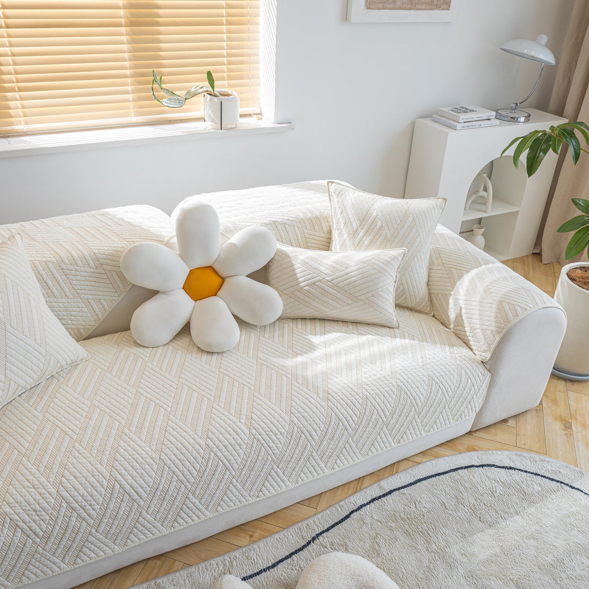 Quilted Geometric Cotton Sofa Cover, Non-Slip & Thick Padded Furniture Covers