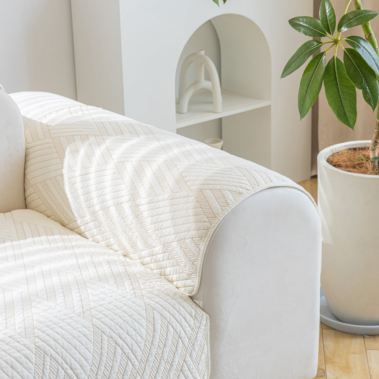 Quilted Geometric Cotton Sofa Cover, Non-Slip & Thick Padded Furniture Covers