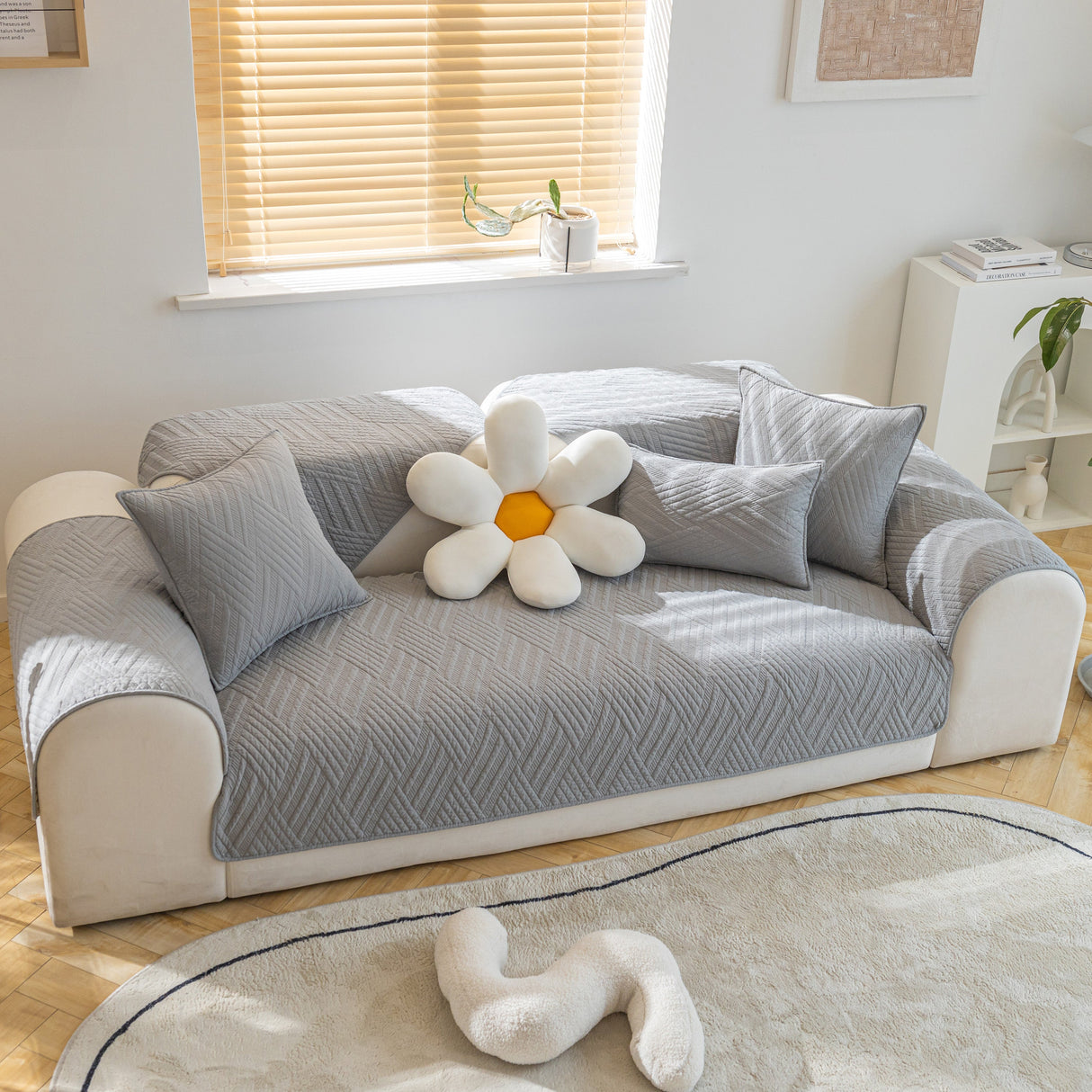 Quilted Geometric Cotton Sofa Cover, Non-Slip & Thick Padded Furniture Covers