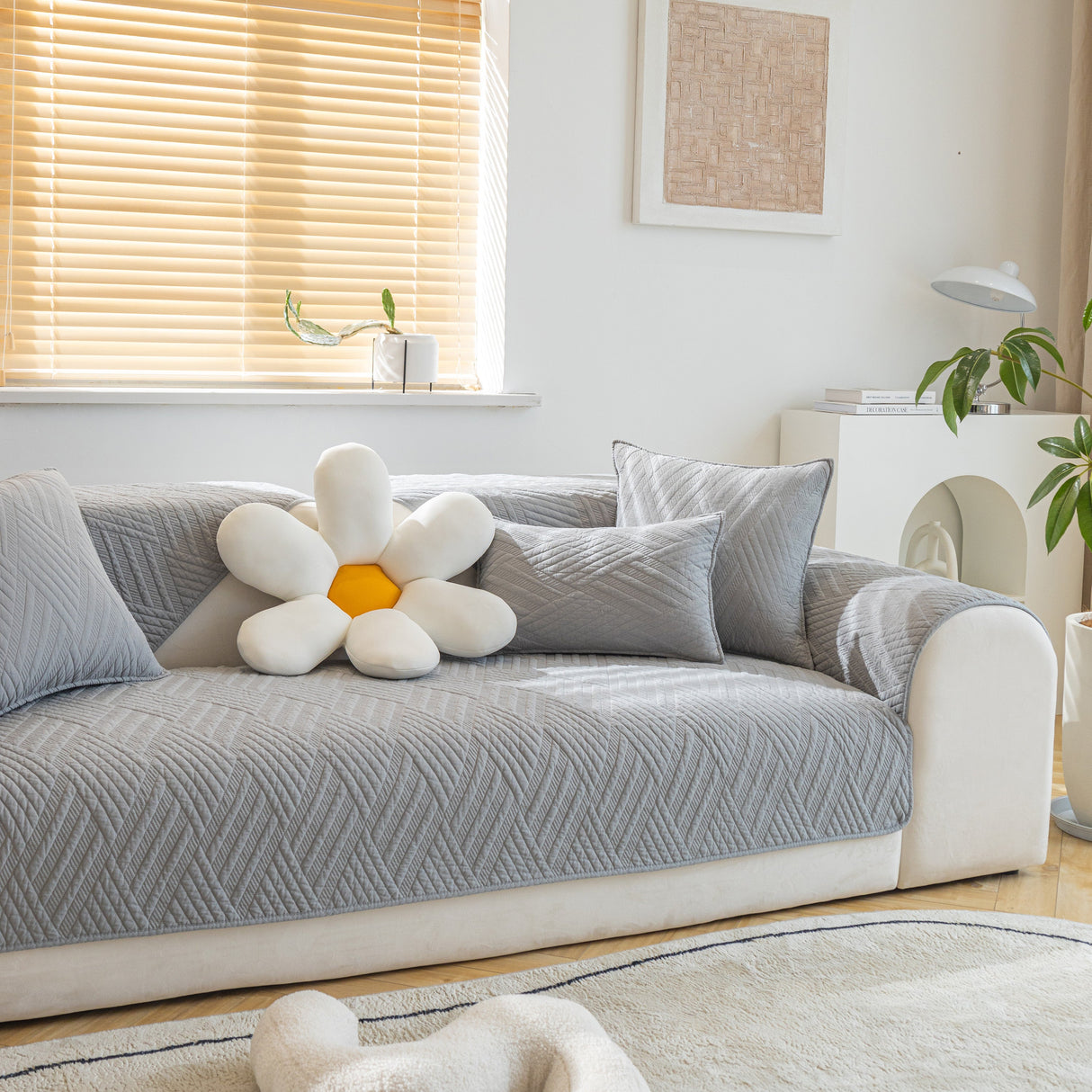Quilted Geometric Cotton Sofa Cover, Non-Slip & Thick Padded Furniture Covers