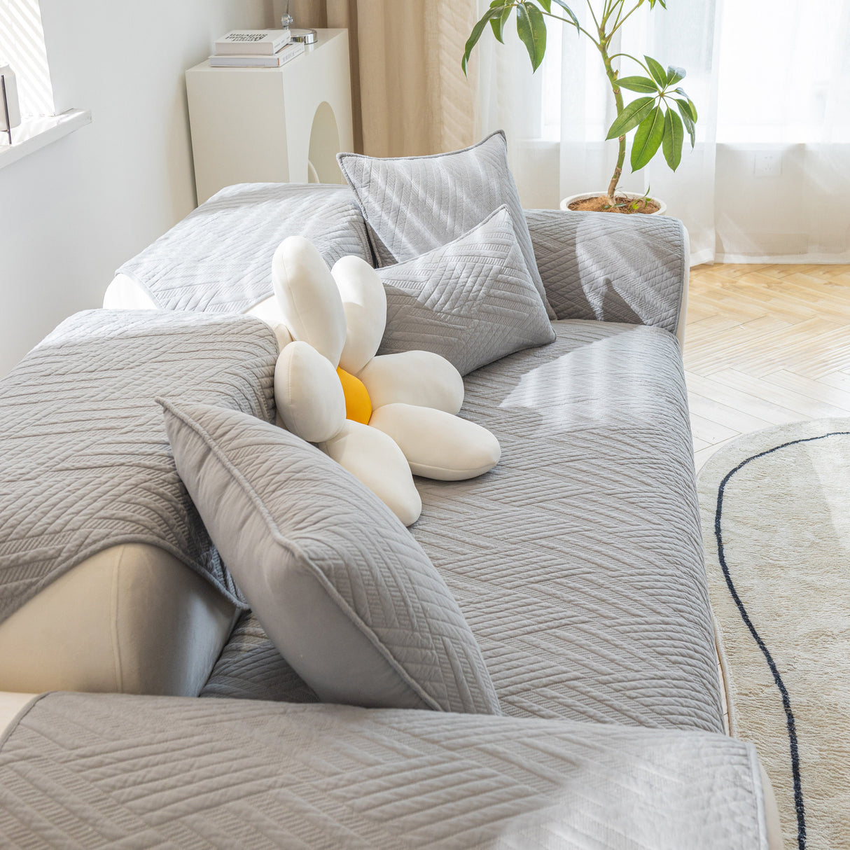 Quilted Geometric Cotton Sofa Cover, Non-Slip & Thick Padded Furniture Covers